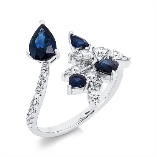 Ring 18 kt WG, 12 Brill. 0,14 ct,6 Brill. 0,38 ct, TW-si, 12 Brill. 0,07 ct, TW-si, 4 Saphire 1,52 ct blau