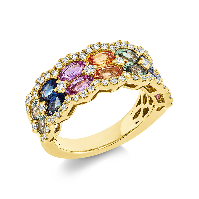 Ring 18 kt GG, 38 Brill. 0,33 ct,8 Brill. 0,18 ct, 16 Brill. 0,11 ct, TW-si, 14 Saphire 3,68 ct multicolor