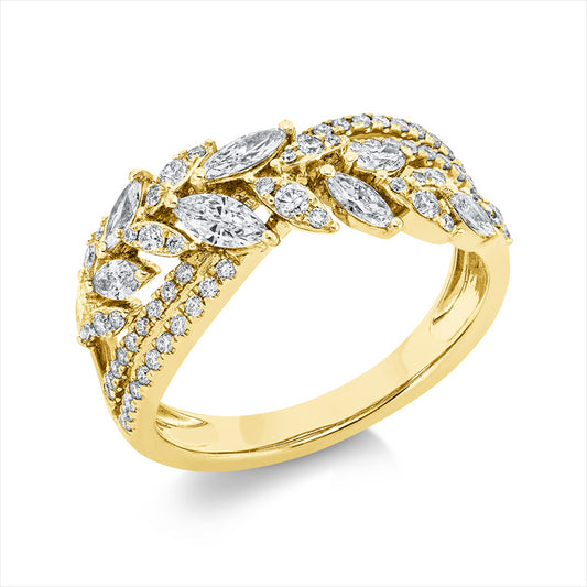 Ring 18 kt GG, 9 Brill. 0,15 ct, TW-si, 8 Nav. 0,54 ct, F-vsi, 58 Brill. 0,25 ct, TW-si