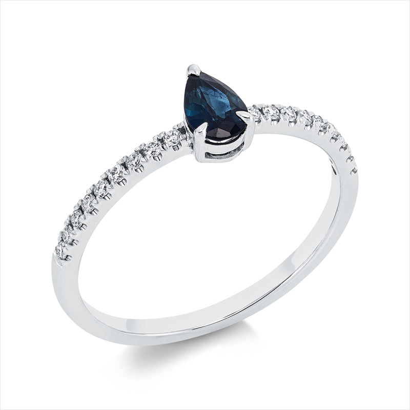 Ring 18 kt WG, 18 Brill. 0,13 ct, F-vsi/si, 1 Saphir 0,35 ct blau