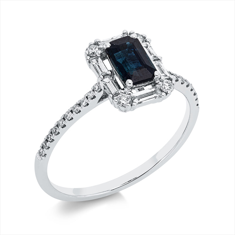 Ring 18 kt WG, 4 Brill. 0,07 ct, TW-si, 6 Bag. 0,20 ct, F-vsi/si, 20 Dia. 0,09 ct, TW-pi, 1 Sap 0,82 ct blau