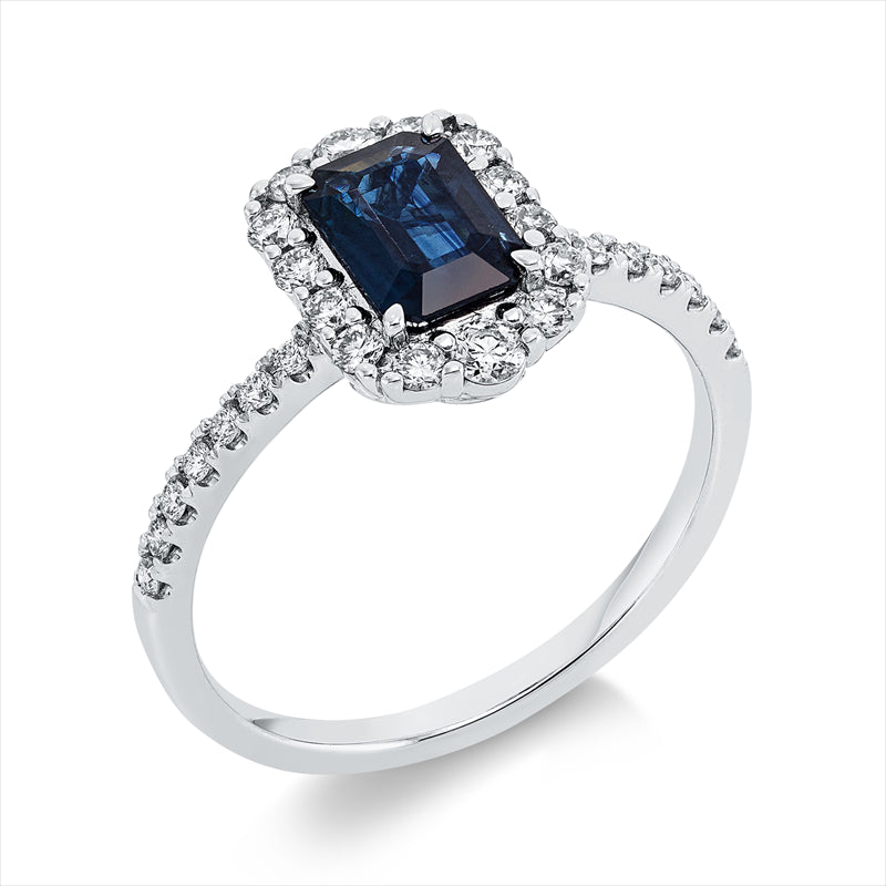 Ring 18 kt WG, 2 Brill. 0,12 ct, TW-si, 26 Brill. 0,41 ct, TW-si, 1 Saphir 0,97 ct blau