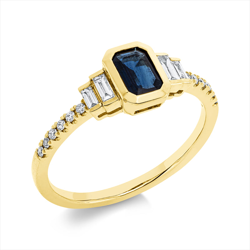 Ring 18 kt GG, 4 Bag. 0,11 ct, F-vsi, 12 Brill. 0,10 ct, F-vsi, 1 Saphir 0,50 ct blau