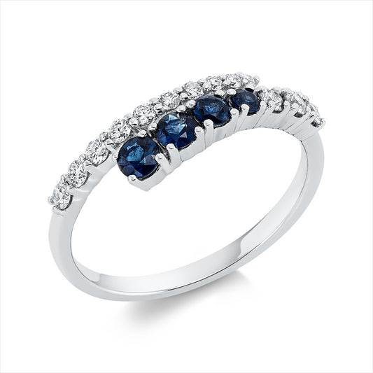 Ring 18 kt WG, 6 Brill. 0,18 ct, F-vsi/si, 7 Brill. 0,11 ct, F-vsi/si, 4 Saphire 0,35 ct blau