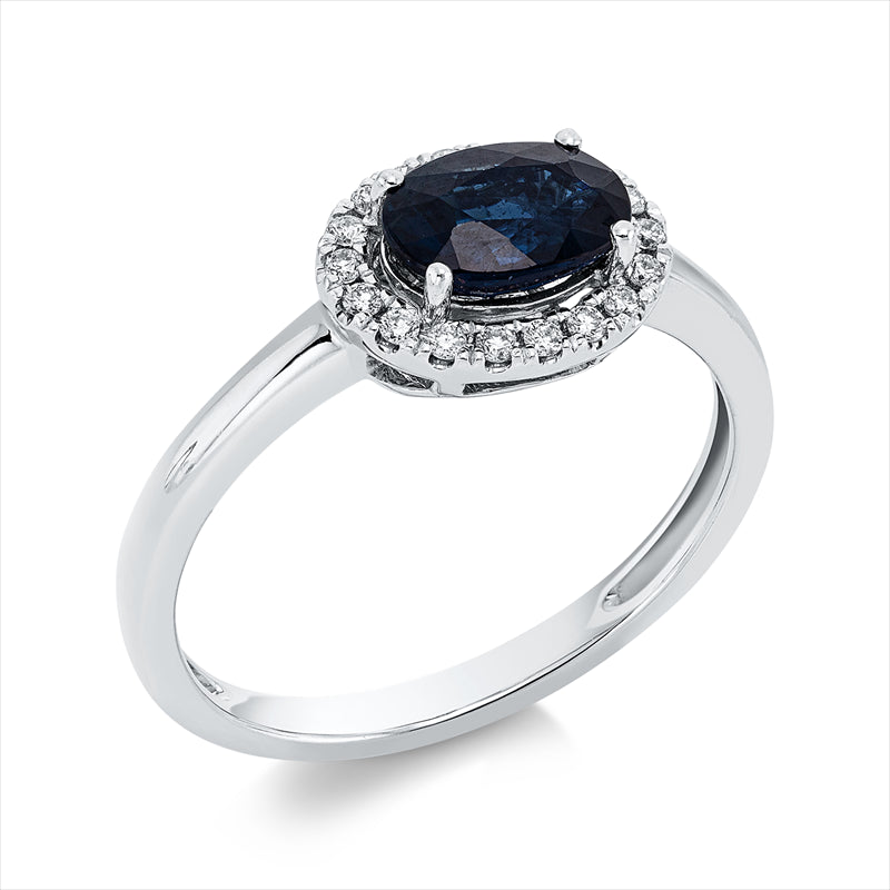 Ring 18 kt WG, 18 Brill. 0,14 ct, TW-pi, 1 Saphir 1,27 ct blau