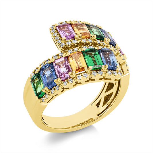 Ring 18 kt GG, 60 Brill. 0,29 ct, F-vsi, 12 Saphire 4,11 ct multicolor