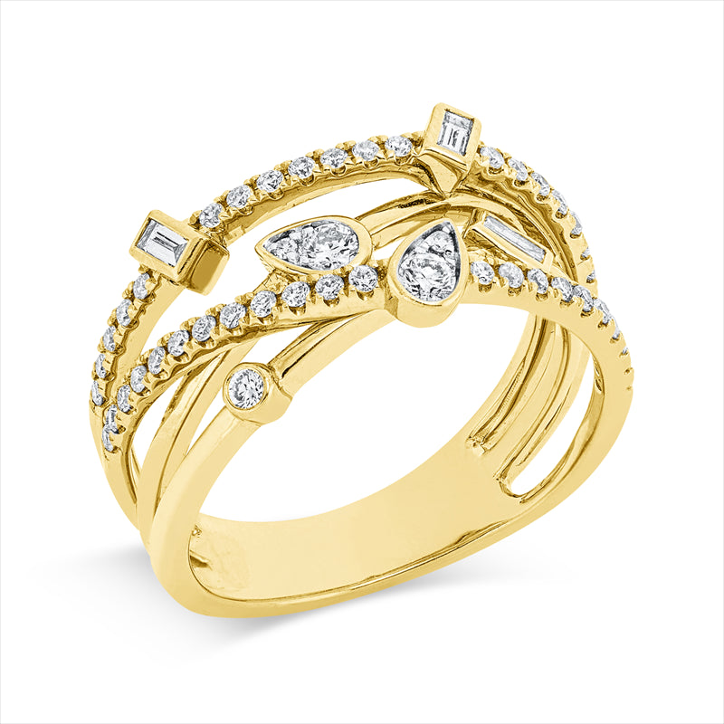 Ring 18 kt GG, 1 Brill. 0,02 ct, 2 Brill. 0,11 ct, TW-si, 3 Bag. 0,08 ct, F-vsi/si, 44 Brill. 0,30 ct, TW-si