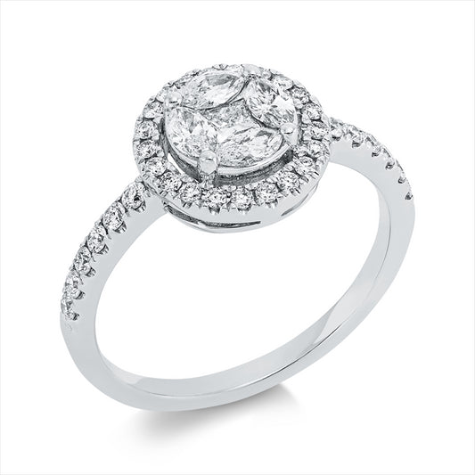 Ring 18 kt WG, 12 Brill. 0,18 ct, 1 Princ. 0,09 ct, F-vsi/si, 4 Nav. 0,34 ct, F-vsi/si, 21 Brill. 0,15 ct, F-vsi/si