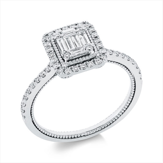 Ring 18 kt WG, 8 Brill. 0,08 ct, TW-si, 6 Bag. 0,27 ct, F-vsi, 40 Brill. 0,27 ct, TW-si