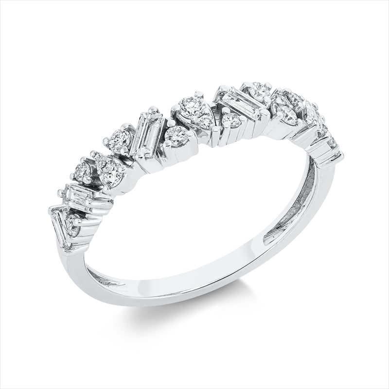 Ring 18 kt WG, 5 Brill. 0,08 ct, TW-si, 6 Brill. 0,16 ct, TW-si, 6 Bag. 0,34 ct, F-vsi/si, 3 Brill. 0,01 ct, TW-si