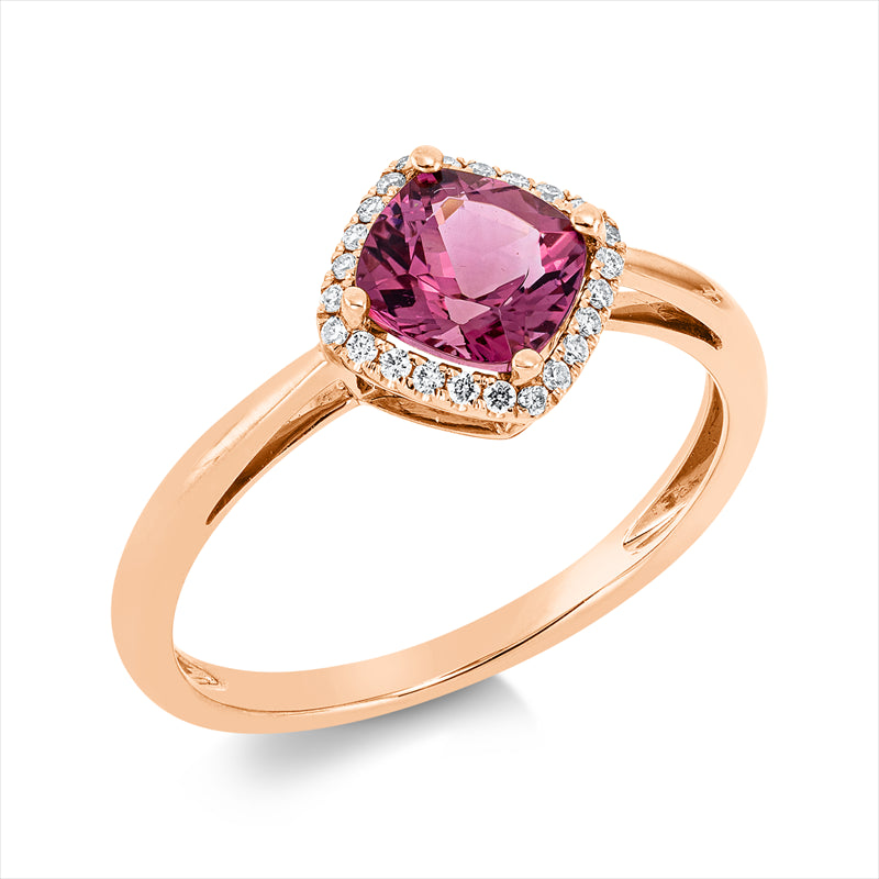 Ring 18 kt RG, 24 Brill. 0,10 ct, TW-si, 1 Turmalin 1,00 ct pink