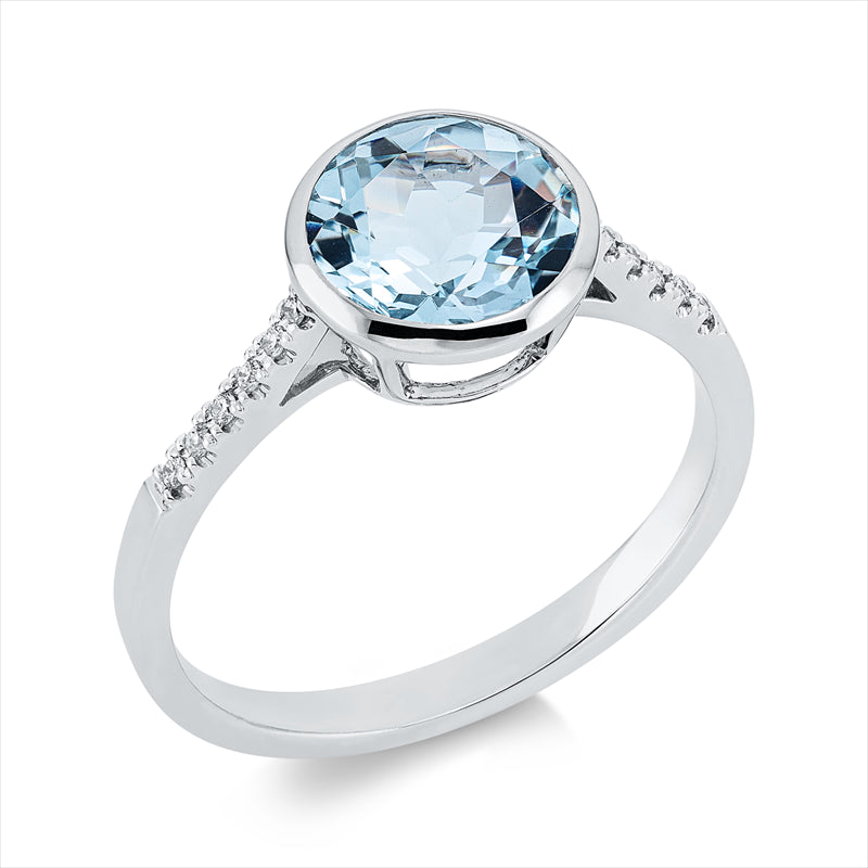 Ring 18 kt WG, 12 Brill. 0,06 ct, TW-si, 1 Aquamarin 2,00 ct blau