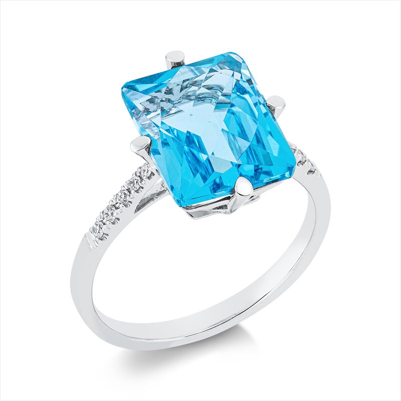 Ring 18 kt WG, 10 Brill. 0,08 ct, TW-si, 1 Topas 6,60 ct blau