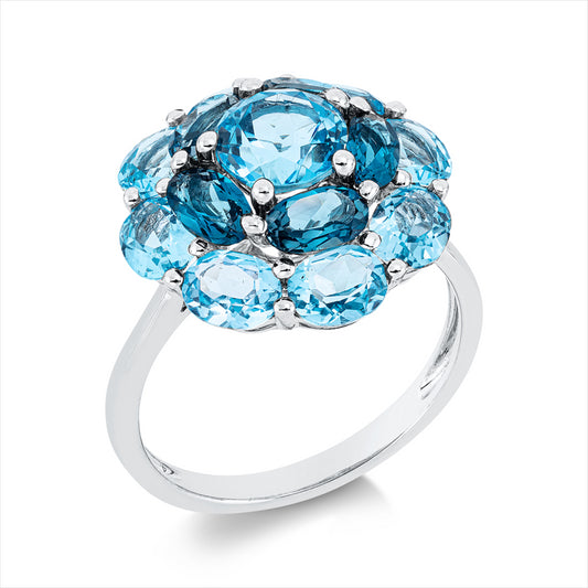 Ring 18 kt WG, 8 Topase 3,40 ct blau, 1 Topas 1,40 ct blau, 5 Topase 1,60 ct Lond. blue