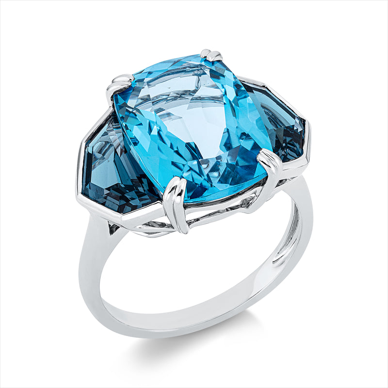 Ring 18 kt WG, 2 Topase 2,90 ct Lond. blue, 1 Topas 8,60 ct blau