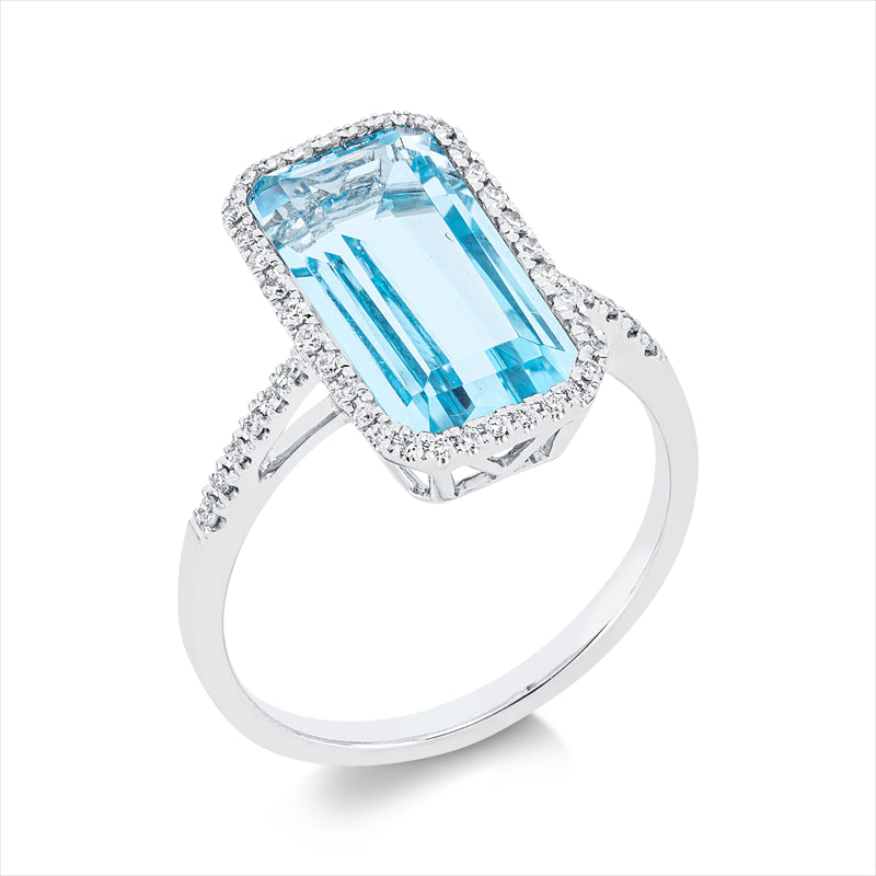 Ring 18 kt WG, 48 Brill. 0,20 ct, TW-si, 1 Topas 6,00 ct sky blue