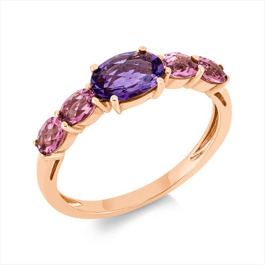 Ring 18 kt RG, 4 Turmalin 0,70 ct pink, 1 Amethyst 0,70 ct lila