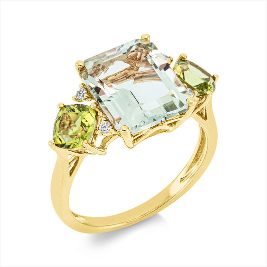 Ring 18 kt GG, 4 Brill. 0,06 ct, TW-si, 2 Peridot 1,50 ct grün, 1 Amethyst 4,50 ct grün