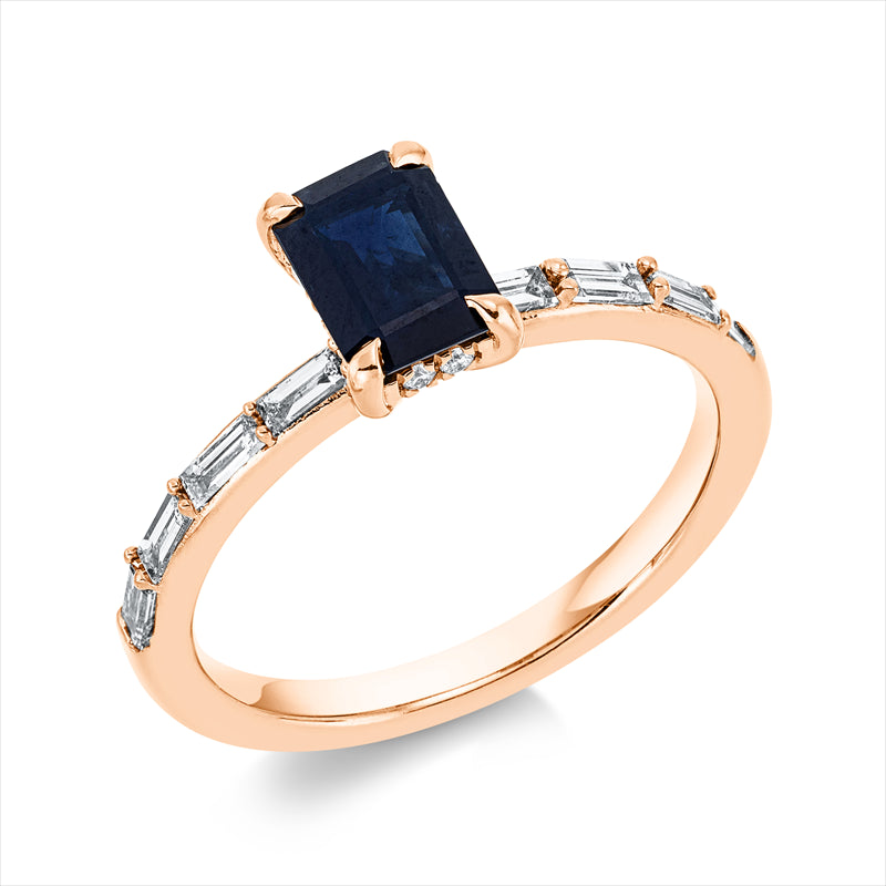 Ring 18 kt RG, 8 Bag. 0,33 ct, TW-si, 12 Brill. 0,07 ct, TW-si, 1 Saphir 1,10 ct blau