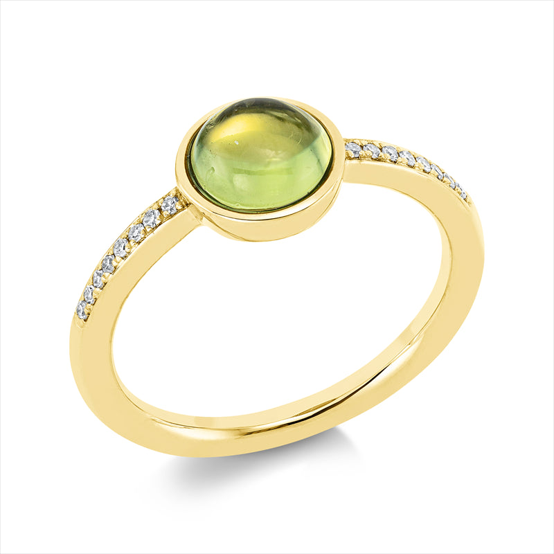 Ring 18 kt GG, 16 Dia. 0,06 ct, TW-si, 14 Peridot 1,40 ct grün