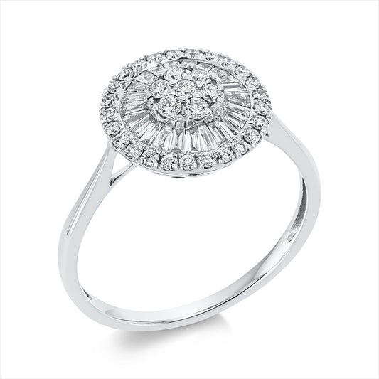 Ring 18 kt WG, 11 Trap. 0,13 ct, TW-si, 12 Bag. 0,18 ct, TW-si, 32 Brill. 0,30 ct, TW-si