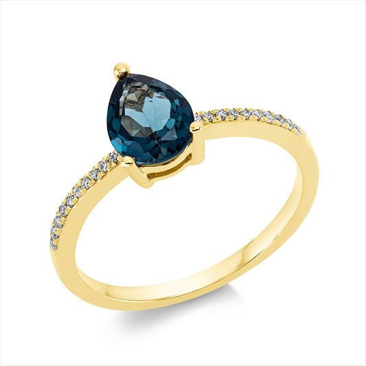 Ring 18 kt GG, 6 Brill. 0,03 ct, TW-si, 14 Brill. 0,04 ct, TW-si, 1 Topas 1,36 ct Lond. blue