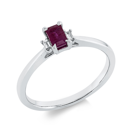 Ring 18 kt WG, 2 Bag. 0,05 ct, TW-si, 1 Rubin 0,39 ct rot