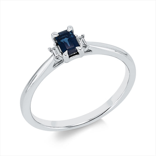 Ring 18 kt WG, 2 Bag. 0,05 ct, TW-si, 1 Saphir 0,37 ct blau