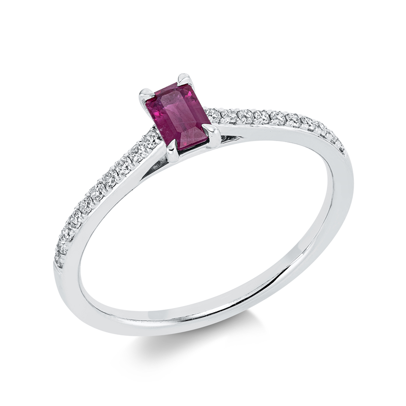 Ring 18 kt WG, 20 Brill. 0,14 ct, TW-si, 1 Rubin 0,32 ct rot