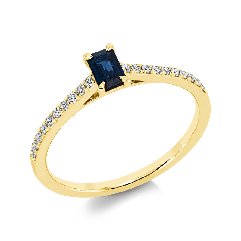 Ring 18 kt GG, 20 Brill. 0,14 ct, TW-si, 1 Saphir 0,35 ct blau