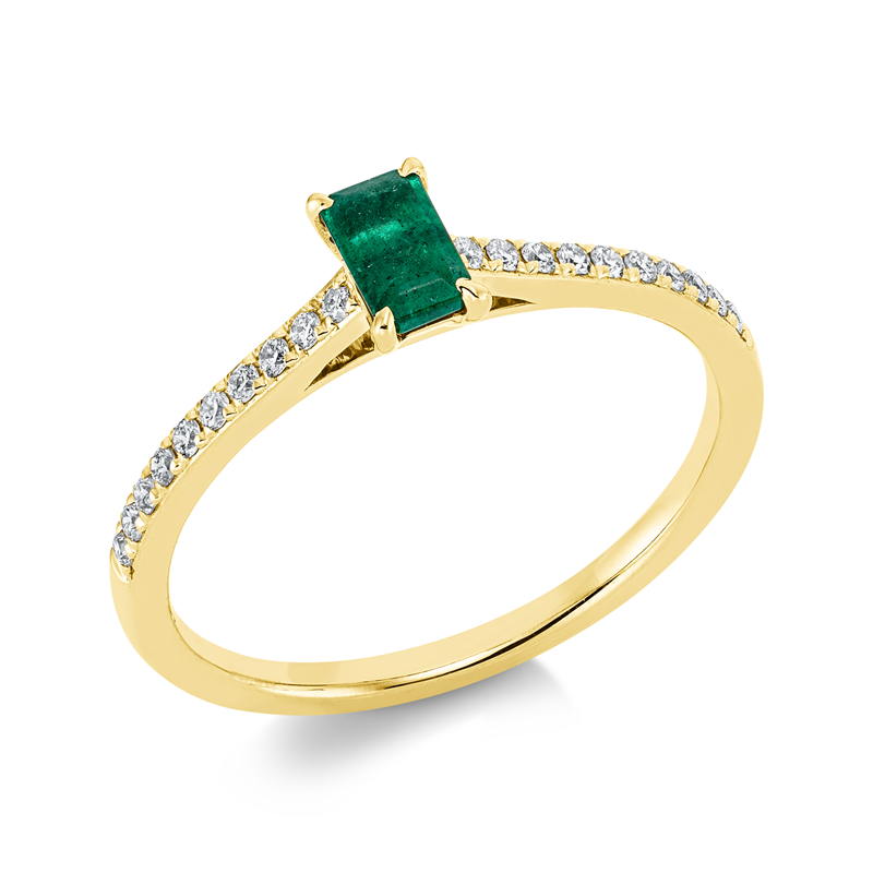 Ring 18 kt GG, 20 Brill. 0,14 ct, TW-si, 1 Smaragd 0,30 ct grün