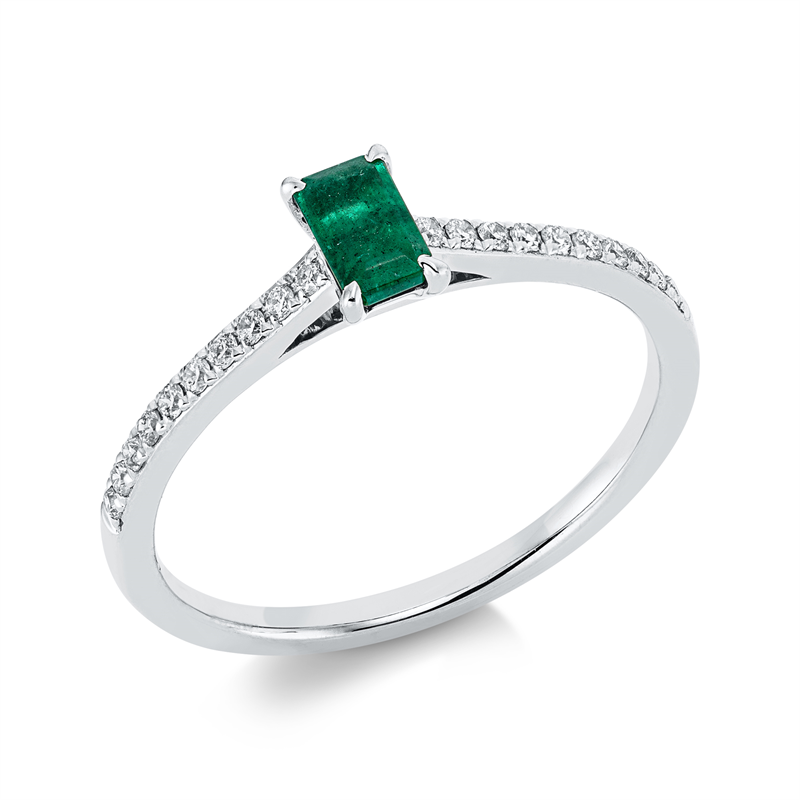 Ring 18 kt WG, 20 Brill. 0,14 ct, TW-si, 1 Smaragd 0,32 ct grün