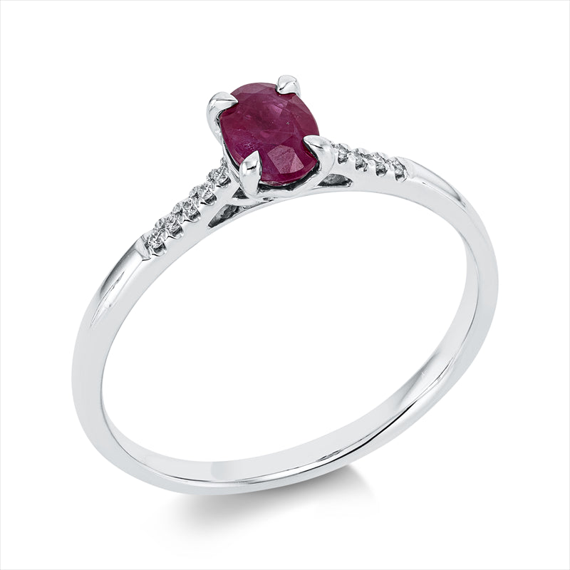 Ring 18 kt WG, 10 Brill. 0,03 ct, TW-si, 1 Rubin 0,57 ct rot