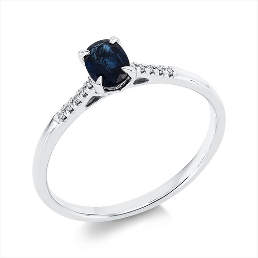 Ring 18 kt WG, 10 Brill. 0,03 ct, TW-si, 1 Saphir 0,59 ct blau