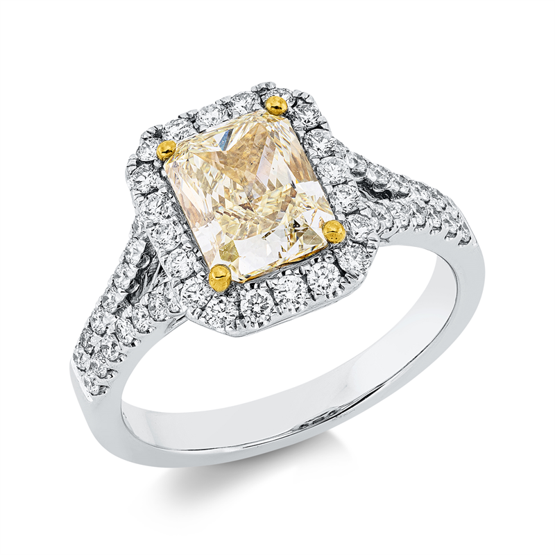 Ring 18 kt WG+GG, IGI 654441094, 1 Cushion 2,00 ct, gelb-si1, 48 Brill. 0,54 ct, TW-si
