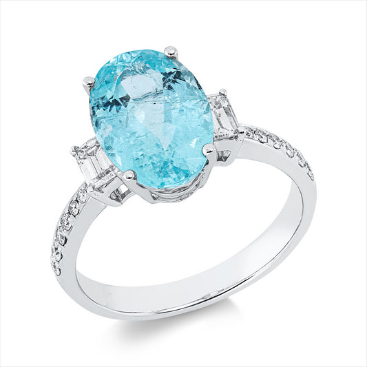 Ring 18 kt WG, 2 Sm.schliff 0,38 ct, TW-si, 14 Brill. 0,17 ct, TW-si, 1 Paraiba 3,99 ct blau