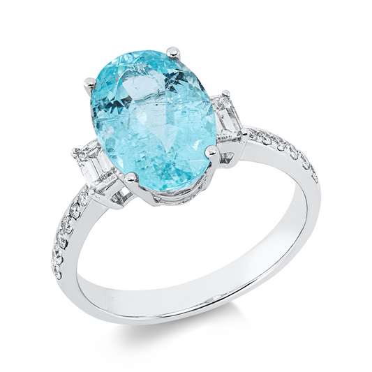 Ring 18 kt WG, 2 Sm.schliff 0,38 ct, TW-si, 14 Brill. 0,17 ct, TW-si, 1 Paraiba 3,99 ct blau