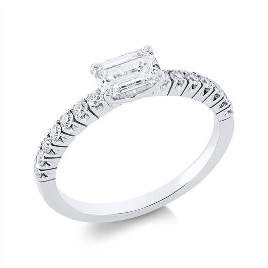 Ring 18 kt WG, 1 Sm.schliff 0,65 ct, TW-vsi, 14 Brill. 0,26 ct, TW-vvs