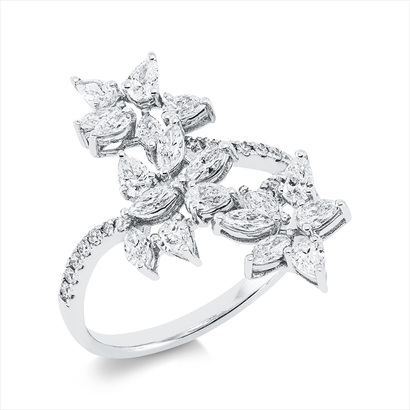 Ring 18 kt WG, 10 Nav. 0,38 ct, TW-vsi, 9 Tropfen 0,49 ct, TW-vsi, 24 Brill. 0,15 ct, TW-si