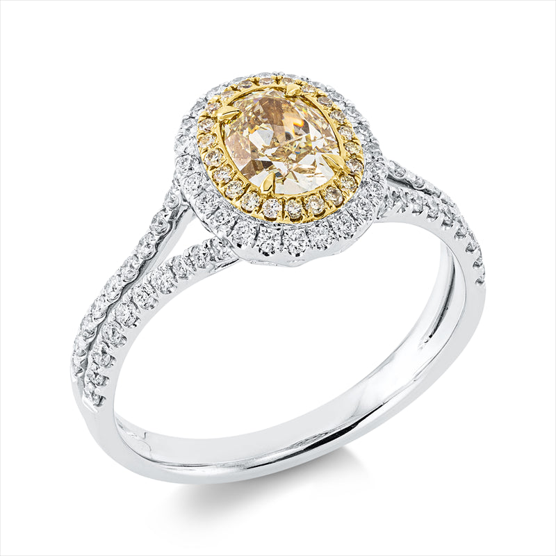 Ring 18 kt WG+GG, 1 Oval 0,75 ct, gelb-vsi 22 Brill. 0,07 ct, gelb-vsi, 64 Brill. 0,33 ct, TW-pi
