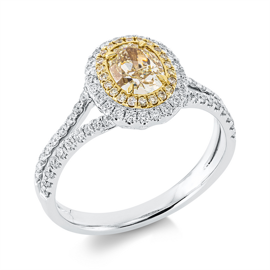 Ring 18 kt WG+GG, 22 Brill. 0,07 ct, gelb-vsi, 1 Oval 0,75 ct, gelb-vsi, 64 Brill. 0,33 ct, TW-pi