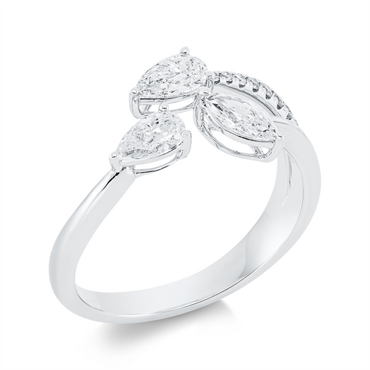 Ring 18 kt WG, 2 Tropfen 0,51 ct, TW-si, 1 Nav. 0,23 ct, TW-si, 8 Brill. 0,07 ct, TW-si