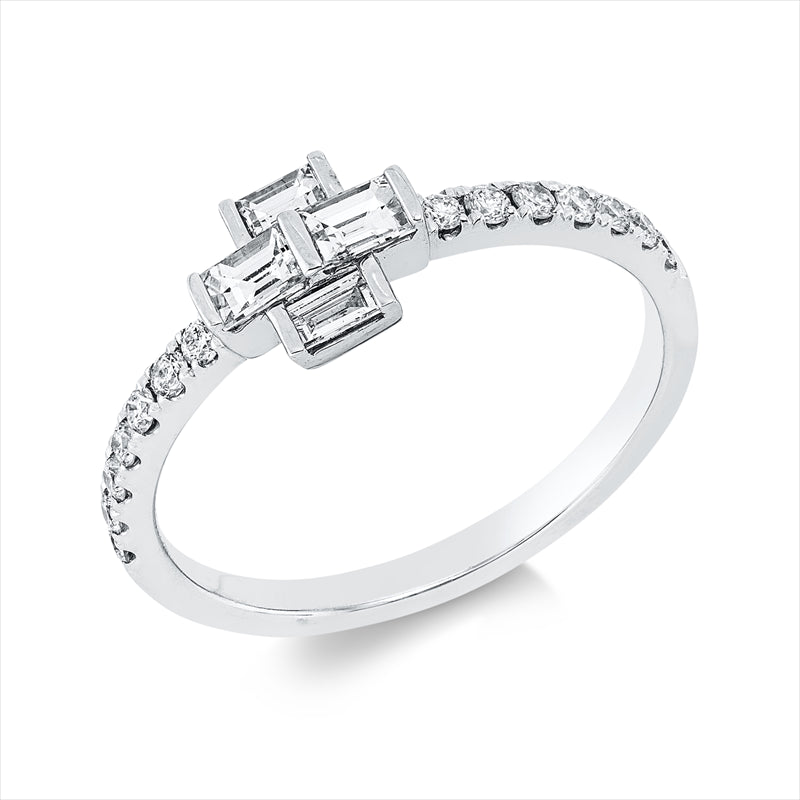 Ring 18 kt WG, 4 Bag. 0,30 ct, TW-si, 14 Brill. 0,20 ct, TW-si