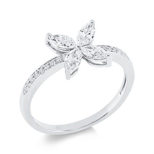 Ring 18 kt WG, 4 Nav. 0,51 ct, TW-si, 16 Brill. 0,07 ct, TW-si