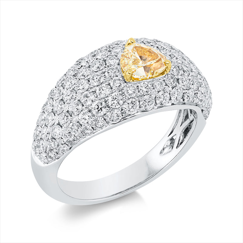 Ring 18 kt WG+GG, GIA5473304774, 108 Brill. 1,75 ct, TW-si, 1 Herzschl. 0,60 ct, gelb