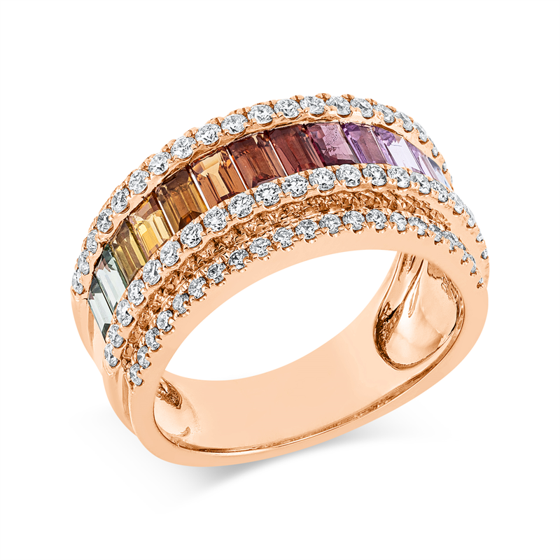 Ring 18 kt RG, 84 Brill. 0,77 ct, TW-si, 14 Saphire 2,02 ct fancy