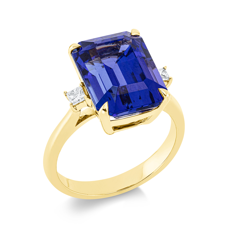 Ring 18 kt GG, 2 Princ. 0,14 ct, TW-si, 1 Tansanit 8,79 ct blau