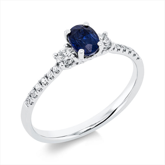 Ring 18 kt WG, 2 Brill. 0,17 ct, TW-si, 12 Brill. 0,07 ct, TW-si, 1 Saphir 0,61 ct blau