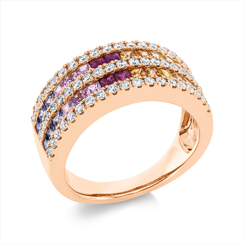 Ring 18 kt RG, 58 Brill. 0,56 ct, TW-si, 30 Saphire 1,53 ct multicolor