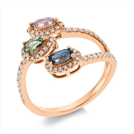 Ring 18 kt RG, 72 Brill. 0,32 ct, TW-si, 3 Saphire 0,74 ct multicolor